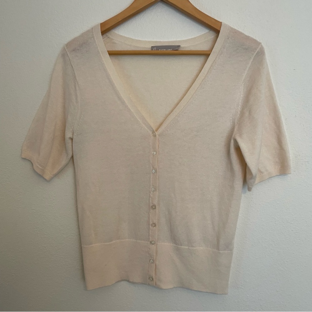 Everlane Short Sleeve Cardigan Women’s M Ivory V-Neck Lightweight Wool/Cotton